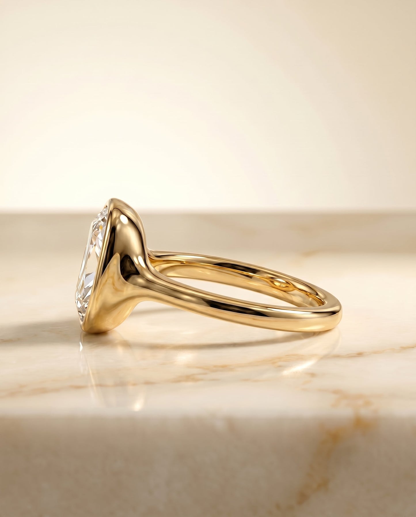 Agnes Select Bezel Solitaire In Cushion Cut Lab Diamond Engagement Ring in 18K Yellow Gold, side view | RockHer