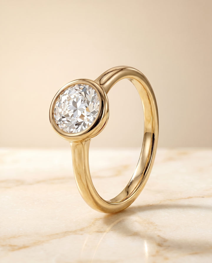The Agnes Bezel Solitaire Engagement Ring Setting for Old European Diamonds in 18K Yellow Gold