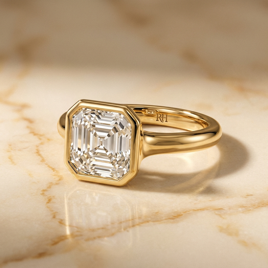 Agnes Asscher bezel solitaire engagement ring setting in 18K Yellow Gold — alt-angle hero — RockHer