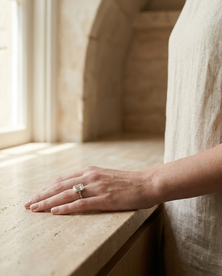 The Agnes Select bezel solitaire asscher engagement ring in platinum — lifestyle — RockHer