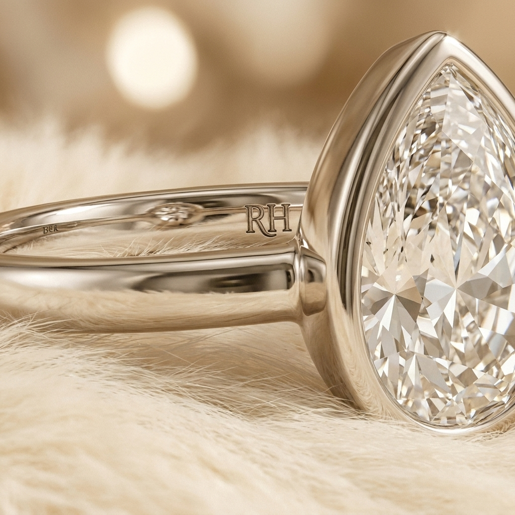 The Agnes Select bezel solitaire briolette engagement ring in 18k white gold — construction detail — RockHer