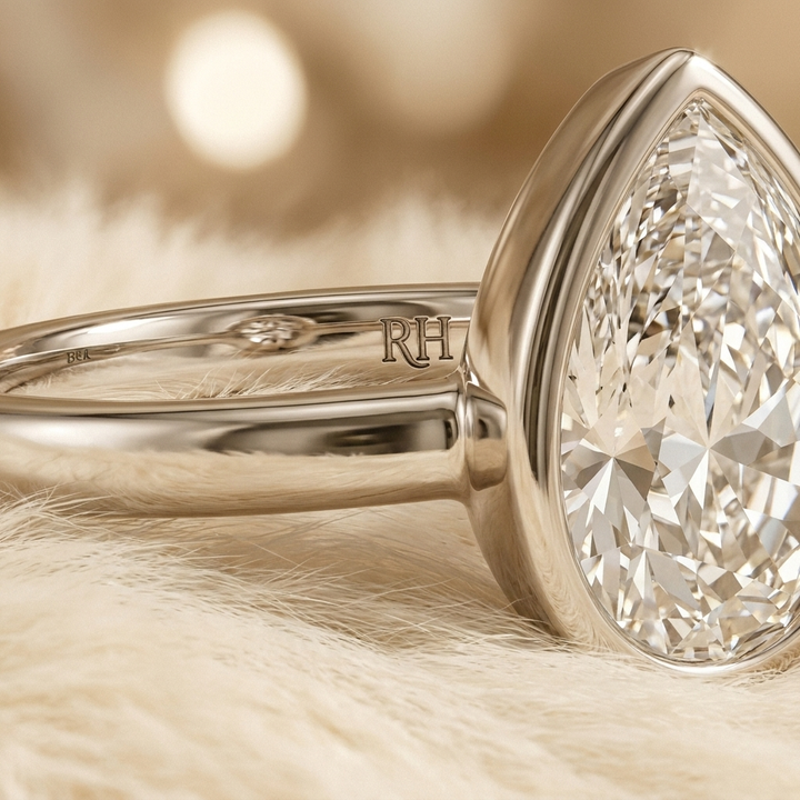 The Agnes Select bezel solitaire briolette engagement ring in platinum — construction detail — RockHer