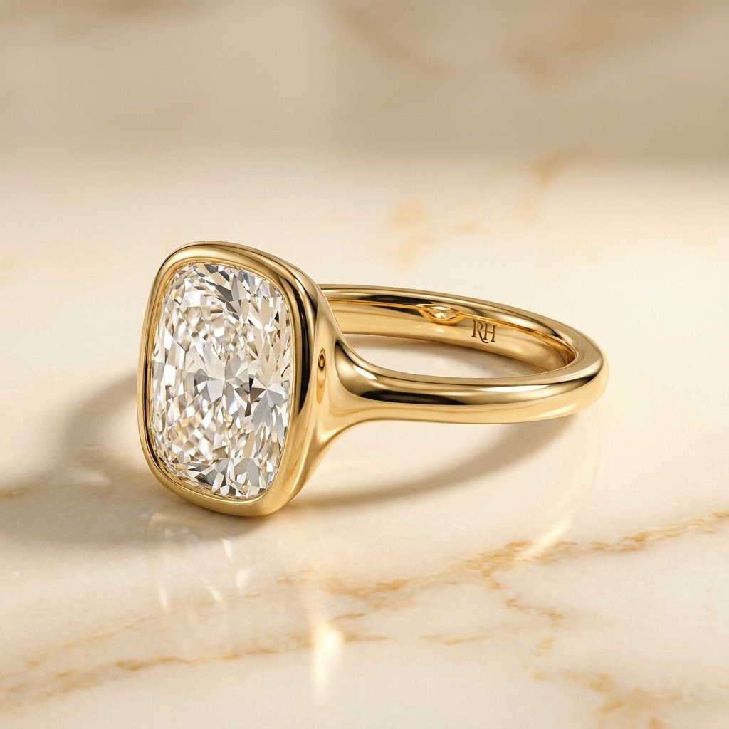 Agnes Cushion bezel solitaire engagement ring setting in 18K Yellow Gold, alt-angle hero, RockHer