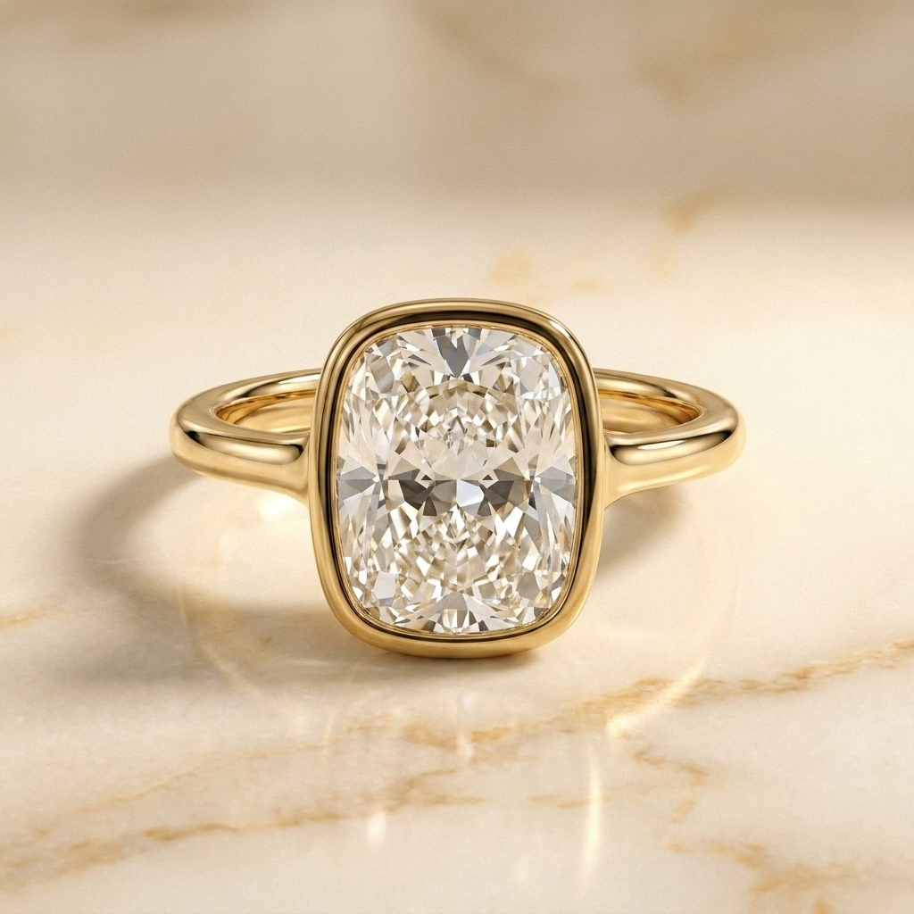 Agnes Cushion bezel solitaire engagement ring setting in 18K Yellow Gold, front view, RockHer