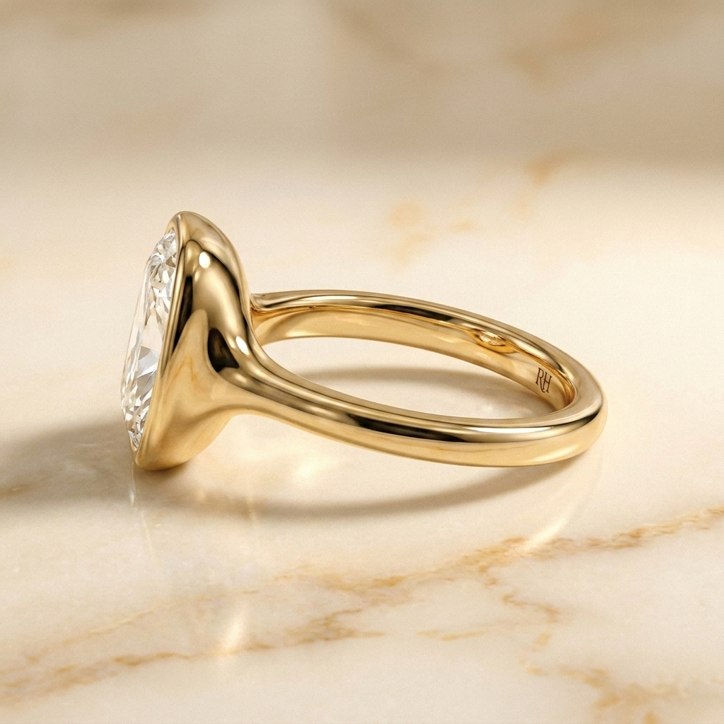 Agnes Cushion bezel solitaire engagement ring setting in 18K Yellow Gold, side profile, RockHer