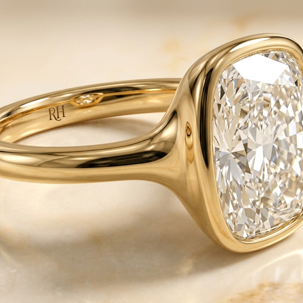 Agnes Cushion bezel solitaire engagement ring setting in 18K Yellow Gold, construction detail, RockHer