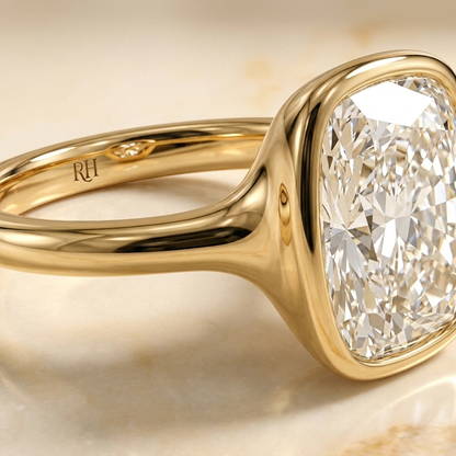 Agnes Select Bezel Solitaire In Cushion Cut Lab Diamond Engagement Ring in 18K Yellow Gold, detail view | RockHer