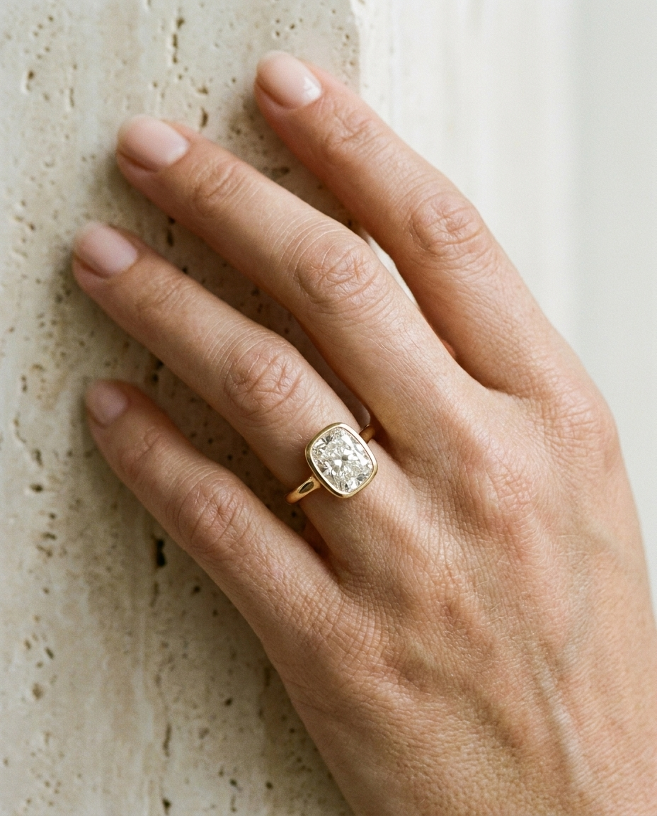 Agnes Cushion bezel solitaire engagement ring setting in 18K Yellow Gold, on hand, RockHer