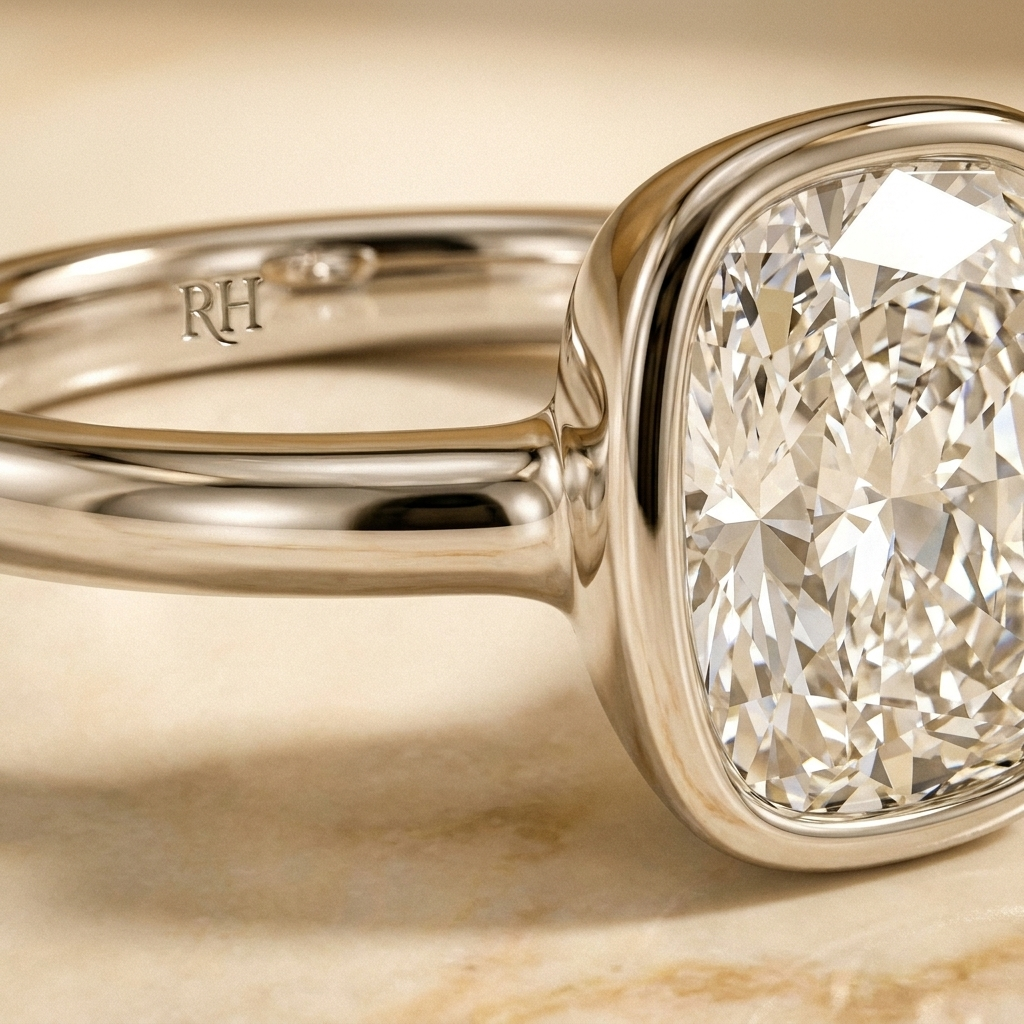 The Agnes Select bezel solitaire cushion engagement ring in 18k white gold — construction detail — RockHer