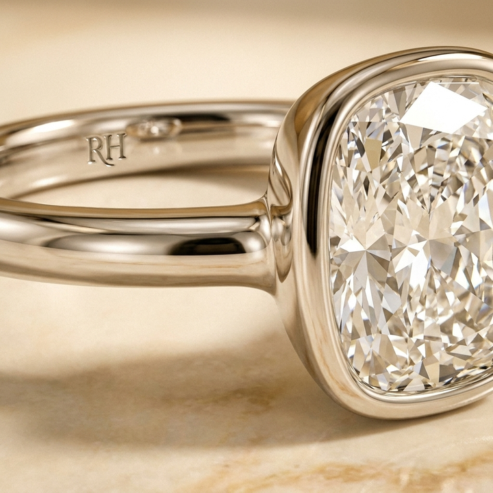 The Agnes Select bezel solitaire cushion engagement ring in 18k white gold — construction detail — RockHer