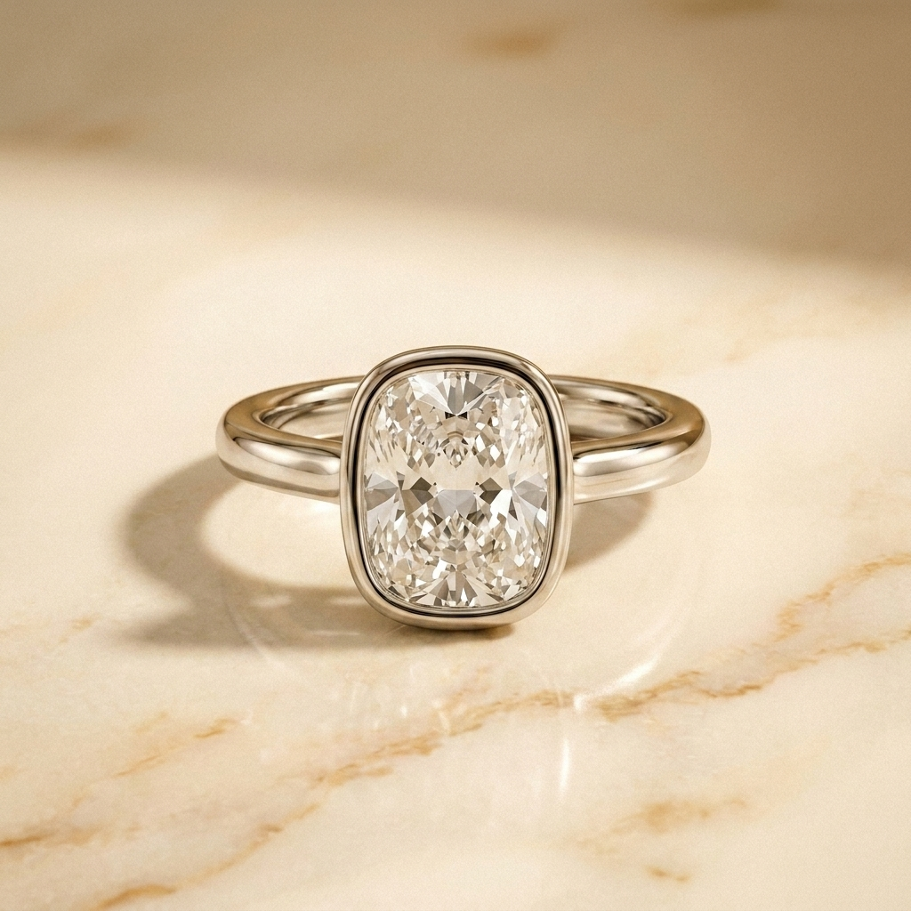 The Agnes Select bezel solitaire cushion engagement ring in 18k white gold — front view — RockHer