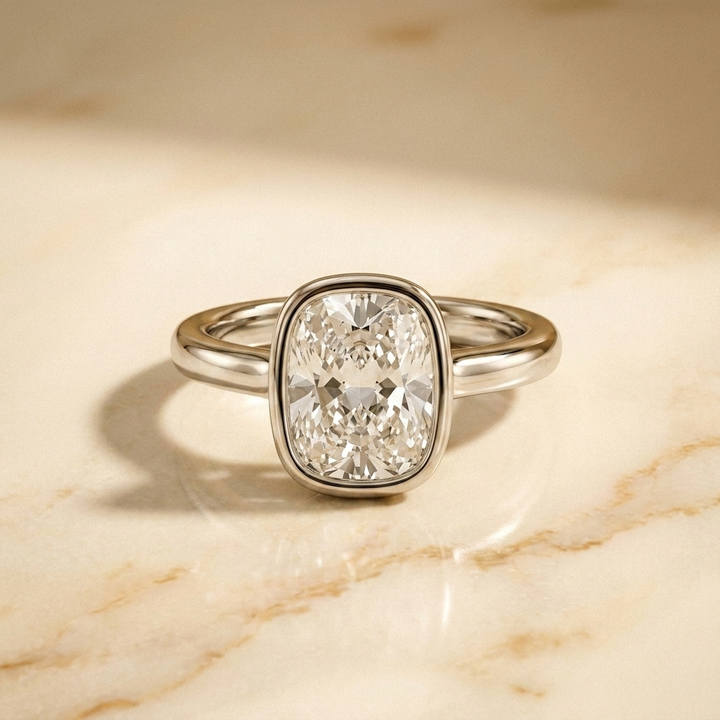 The Agnes Select bezel solitaire cushion engagement ring in 18k white gold — front view — RockHer