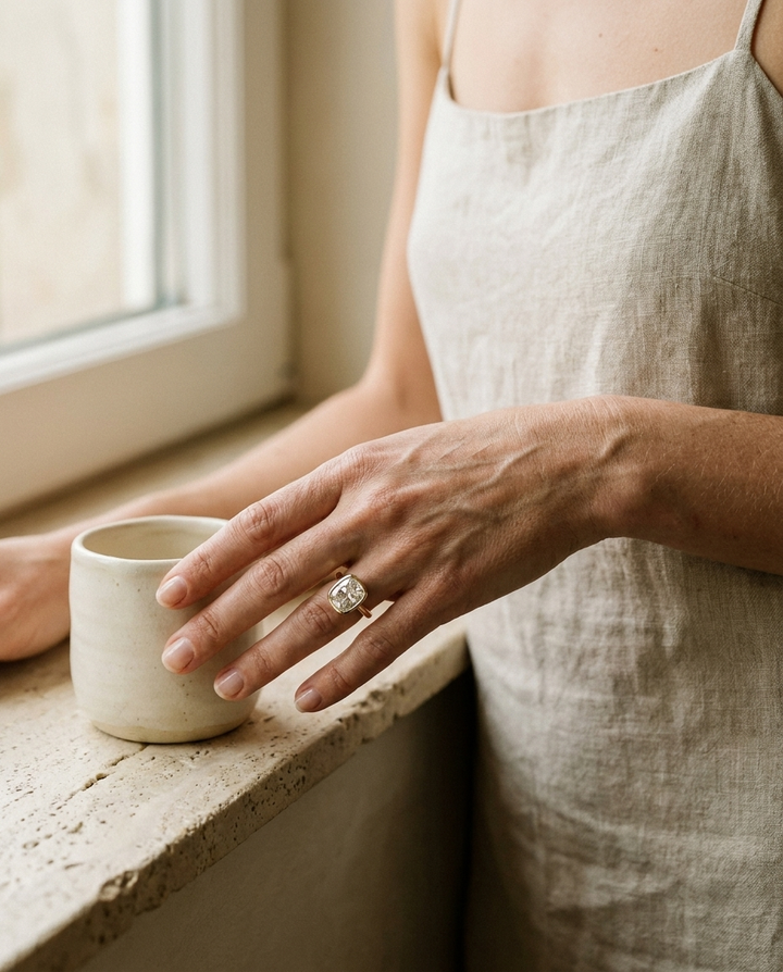 The Agnes Select bezel solitaire cushion engagement ring in 18k white gold — lifestyle — RockHer