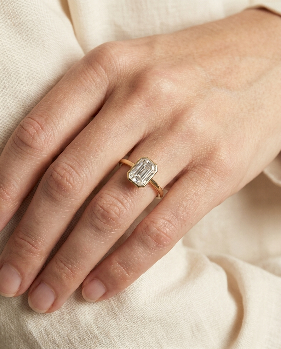The Agnes Select bezel solitaire cushion engagement ring in platinum — on hand — RockHer