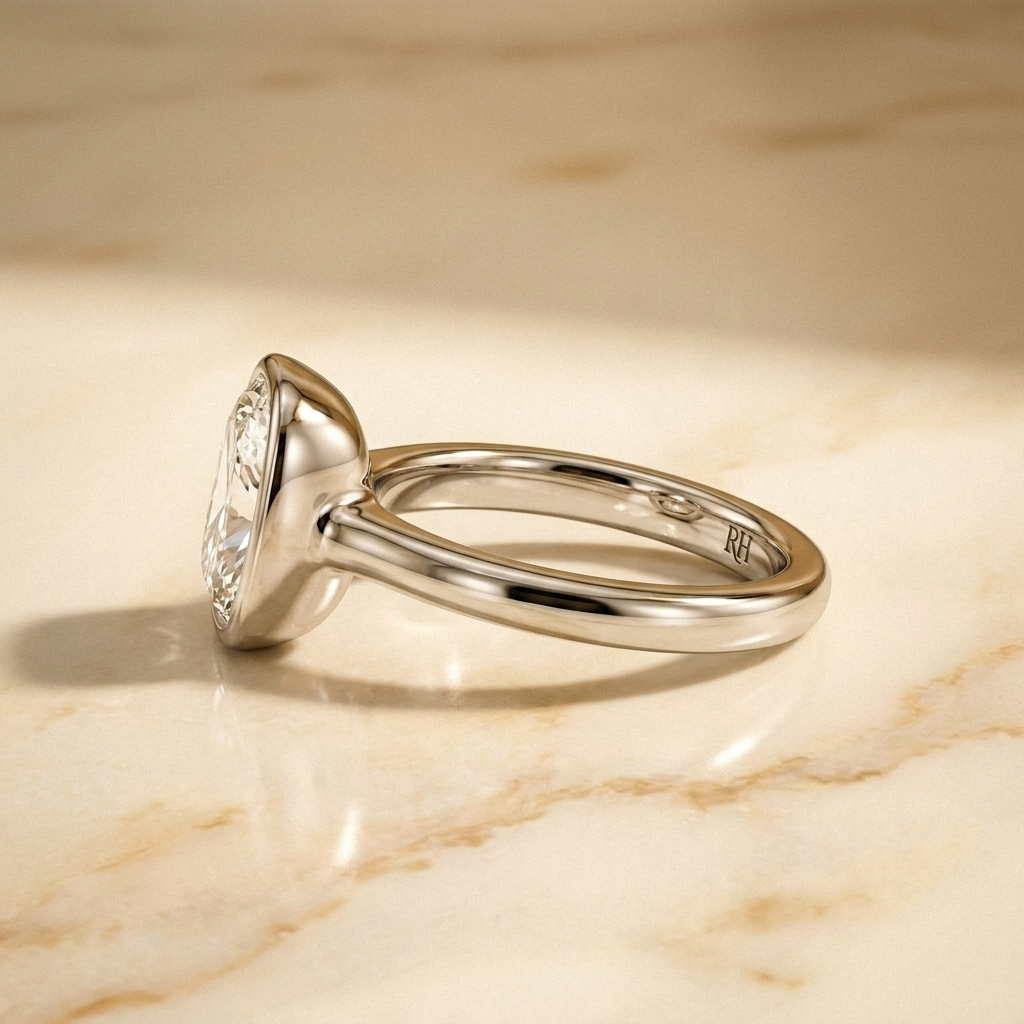 The Agnes Select bezel solitaire cushion engagement ring in platinum — side profile — RockHer