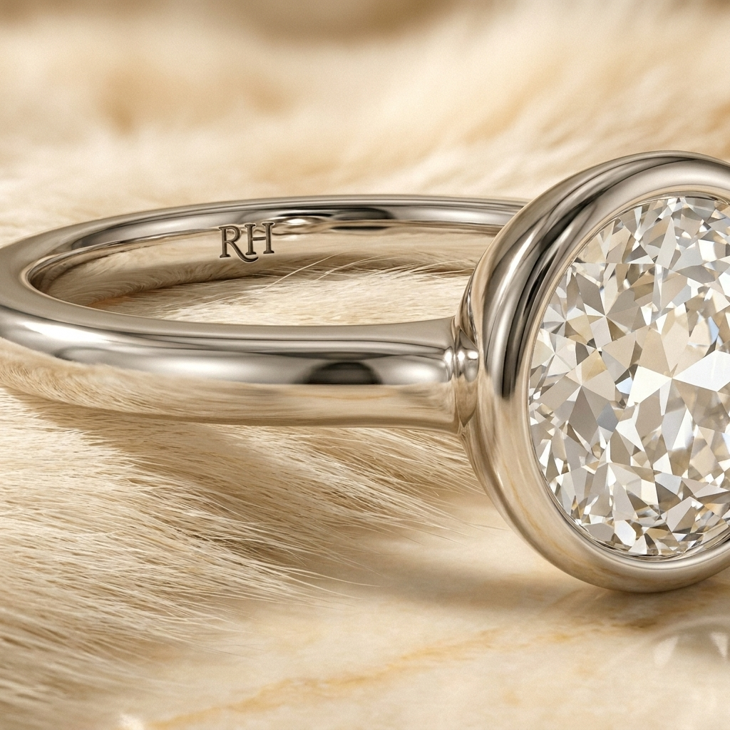 The Agnes bezel solitaire old european cut engagement ring setting in 18k white gold, construction detail, RockHer