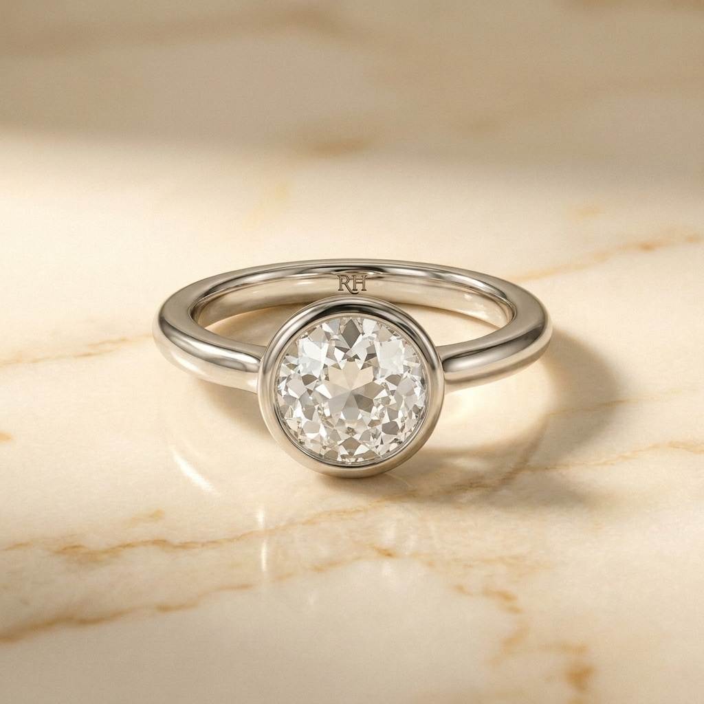 The Agnes bezel solitaire old european cut engagement ring setting in platinum, front view, RockHer