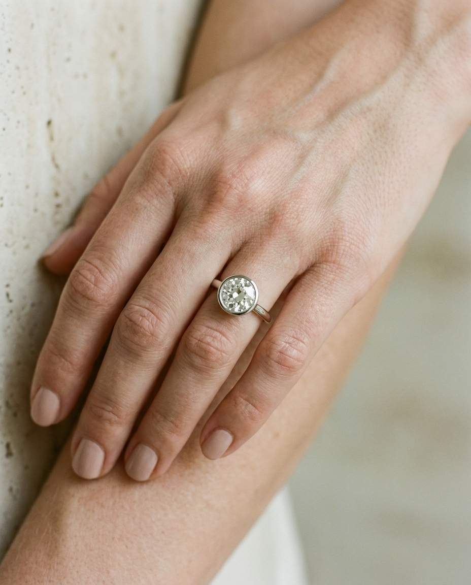 The Agnes bezel solitaire old european cut engagement ring setting in platinum, on hand, RockHer