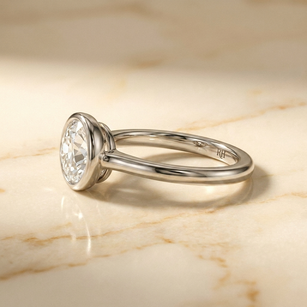 The Agnes bezel solitaire old european cut engagement ring setting in platinum, side profile, RockHer