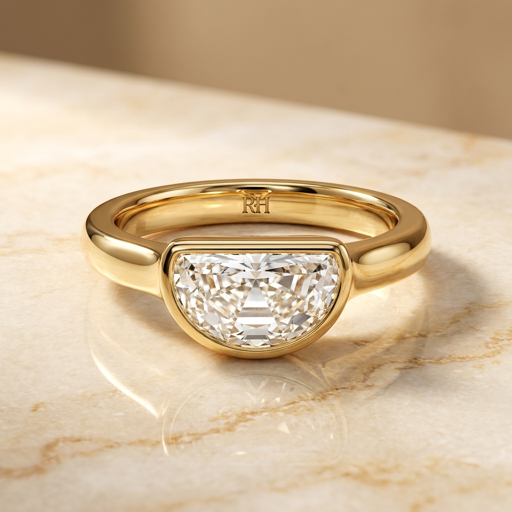 The Agnes Select bezel solitaire half cut engagement ring in 18k yellow gold — alt-angle hero — RockHer