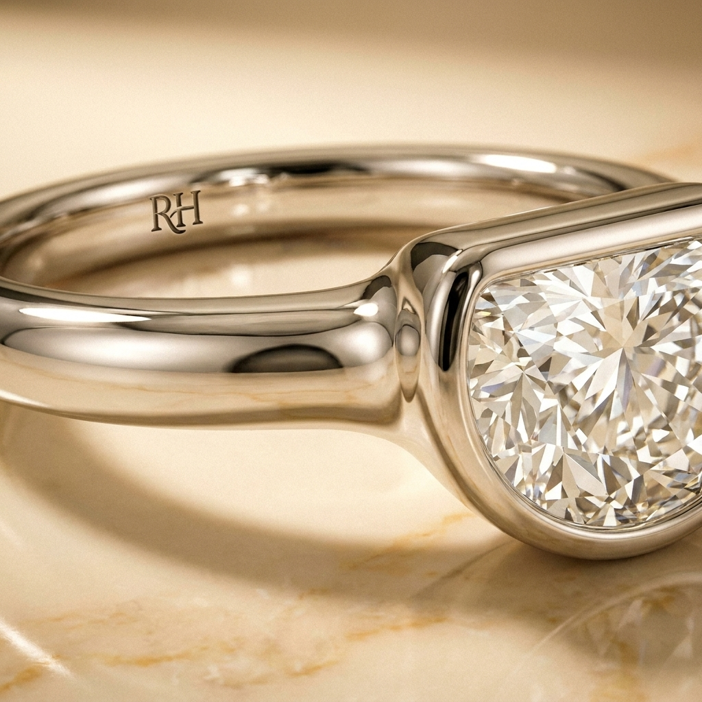 The Agnes Select bezel solitaire half cut engagement ring in platinum — construction detail — RockHer