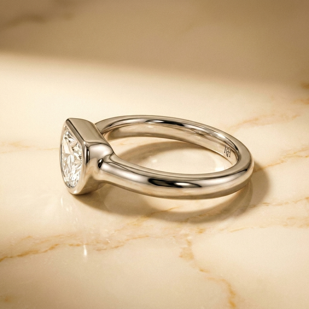 The Agnes Select bezel solitaire half cut engagement ring in platinum — side profile — RockHer