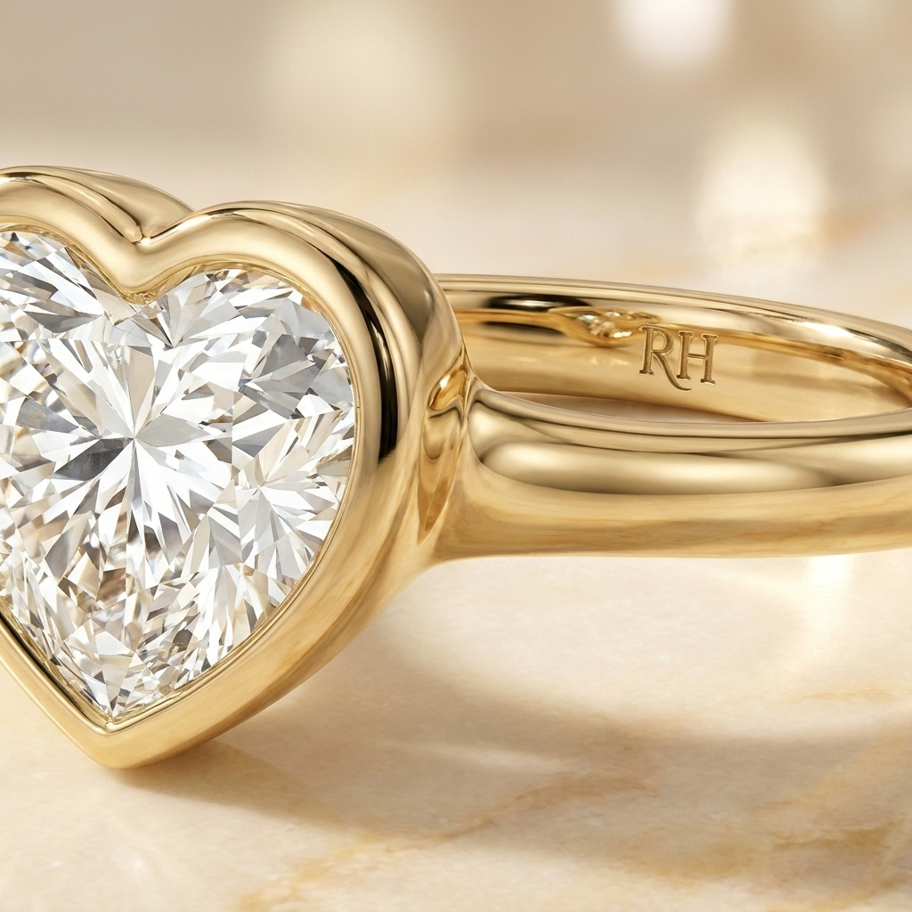 The Agnes Select bezel solitaire heart engagement ring in 18k yellow gold — construction detail — RockHer