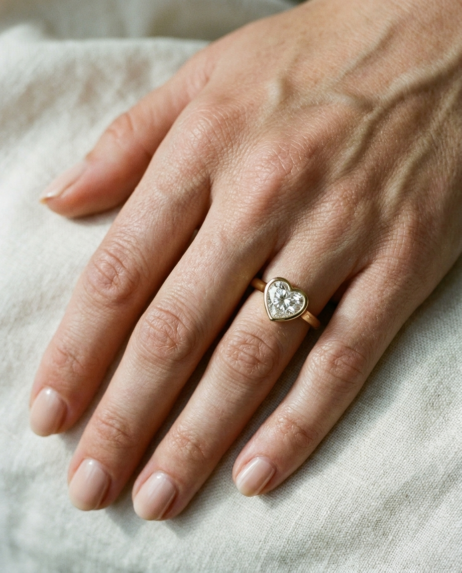 The Agnes Select bezel solitaire heart engagement ring in 18k yellow gold — on hand — RockHer