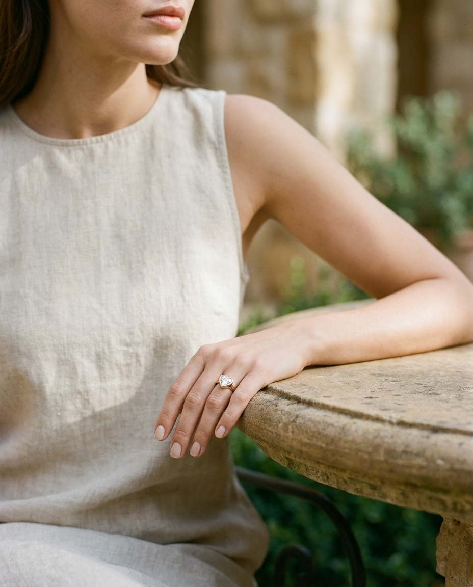 The Agnes Select bezel solitaire heart engagement ring in 18k white gold — lifestyle — RockHer