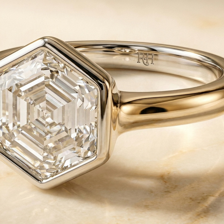The Agnes Select bezel solitaire hexagonal engagement ring in platinum — construction detail — RockHer