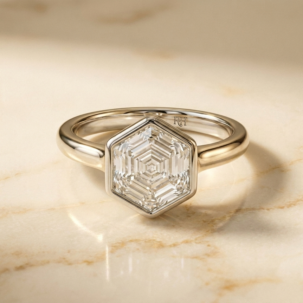 The Agnes Select bezel solitaire hexagonal engagement ring in platinum — front view — RockHer
