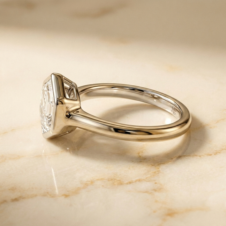 The Agnes Select bezel solitaire hexagonal engagement ring in 18k white gold — side profile — RockHer