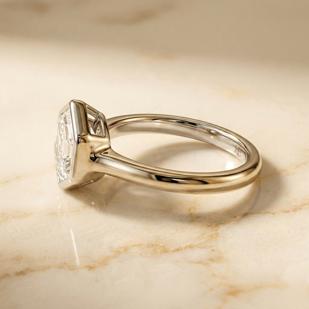 The Agnes Select bezel solitaire hexagonal engagement ring in platinum — side profile — RockHer