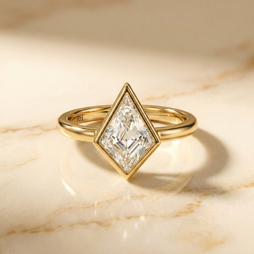 Agnes Kite bezel solitaire engagement ring setting in 18K Yellow Gold, front view, RockHer