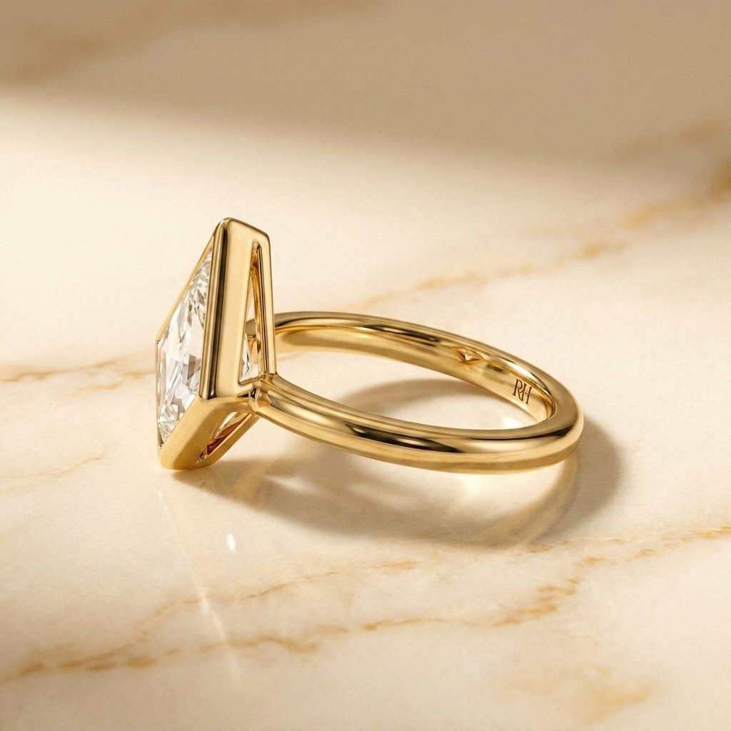 Agnes Kite bezel solitaire engagement ring setting in 18K Yellow Gold, side profile, RockHer