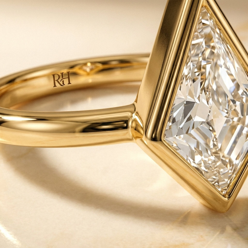 Agnes Kite bezel solitaire engagement ring setting in 18K Yellow Gold, construction detail, RockHer