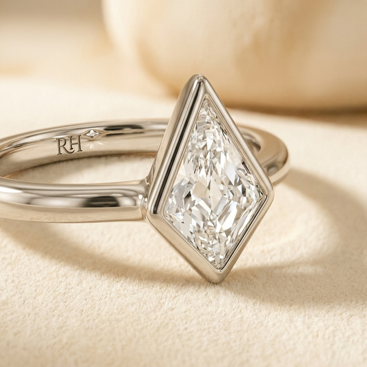 The Agnes Select bezel solitaire kite engagement ring in platinum — construction detail — RockHer
