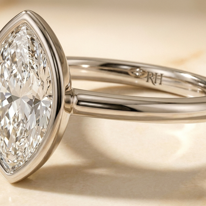 The Agnes Select bezel solitaire marquise engagement ring in 18k white gold — construction detail — RockHer