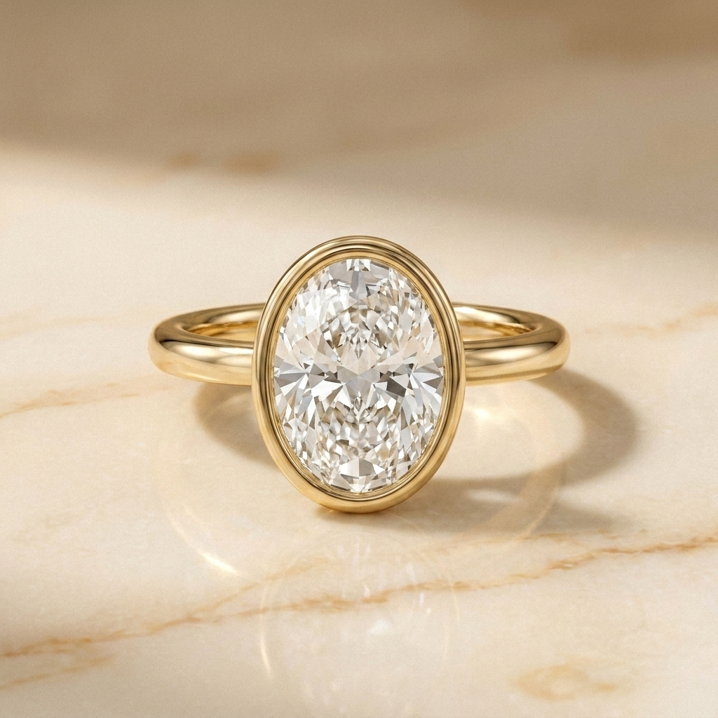 The Agnes Select bezel solitaire oval engagement ring in 18k yellow gold — front view — RockHer
