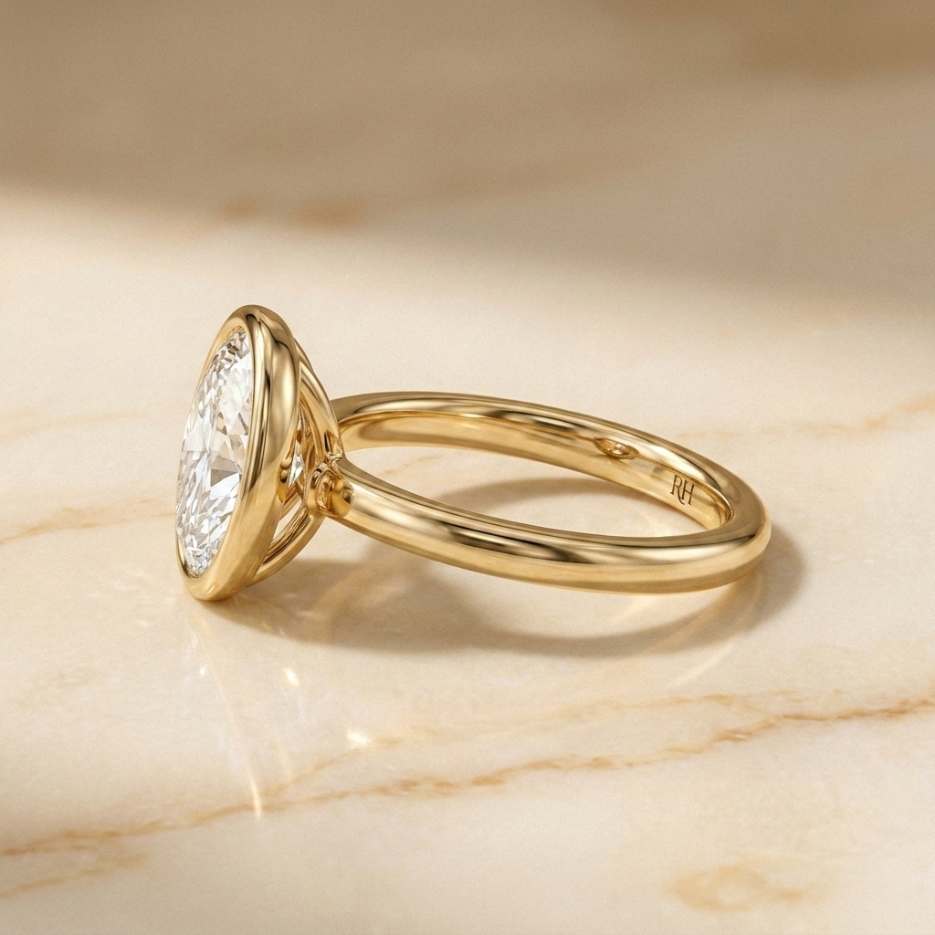 The Agnes Select bezel solitaire oval engagement ring in 18k yellow gold — side profile — RockHer