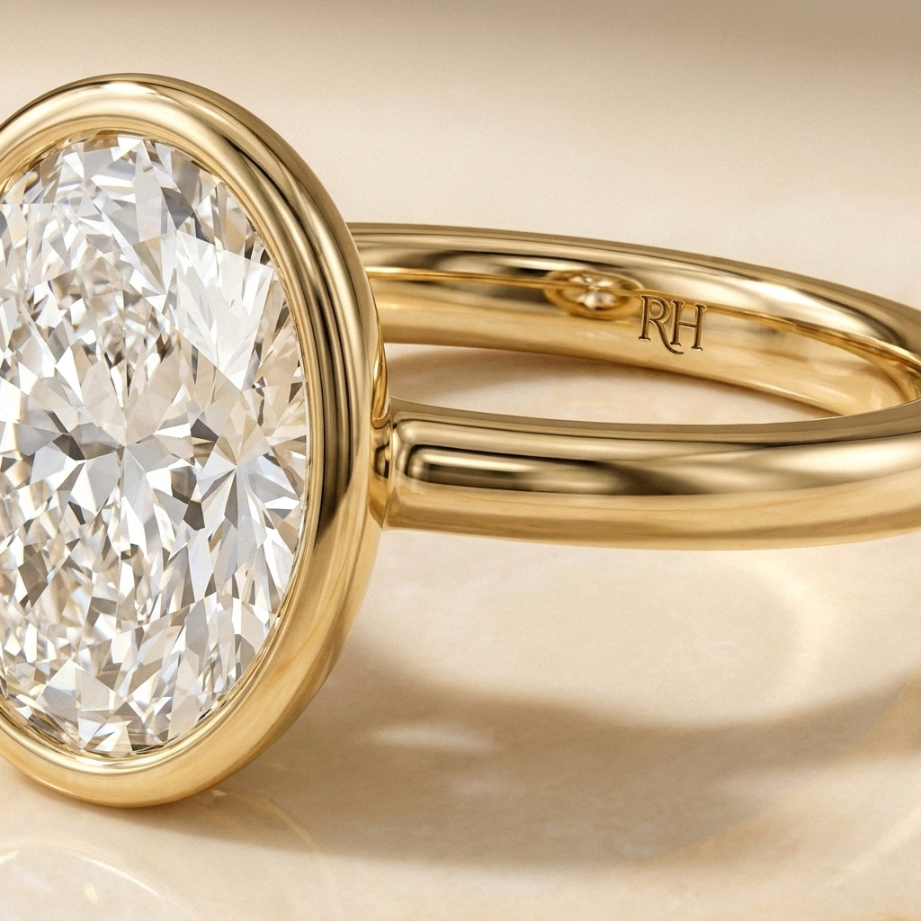 The Agnes Select bezel solitaire oval engagement ring in 18k yellow gold — construction detail — RockHer
