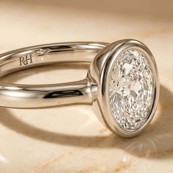 The Agnes Select bezel solitaire oval engagement ring in platinum — construction detail — RockHer