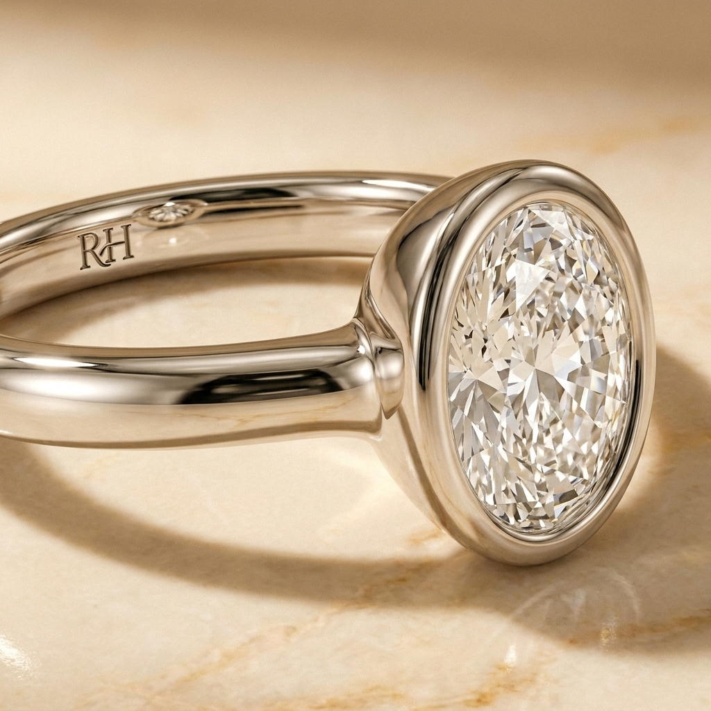The Agnes Select bezel solitaire oval engagement ring in 18k white gold — construction detail — RockHer