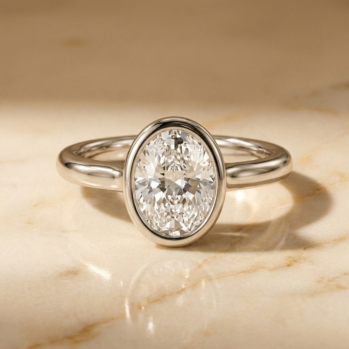 The Agnes Select bezel solitaire oval engagement ring in 18k white gold — front view — RockHer