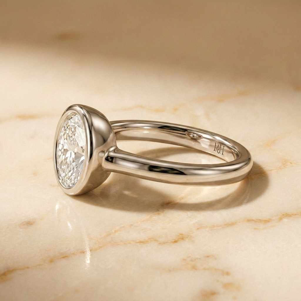 The Agnes Select bezel solitaire oval engagement ring in 18k white gold — side profile — RockHer