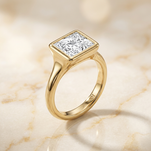 Agnes Princess bezel solitaire engagement ring setting in 18K Yellow Gold — alt-angle hero — RockHer