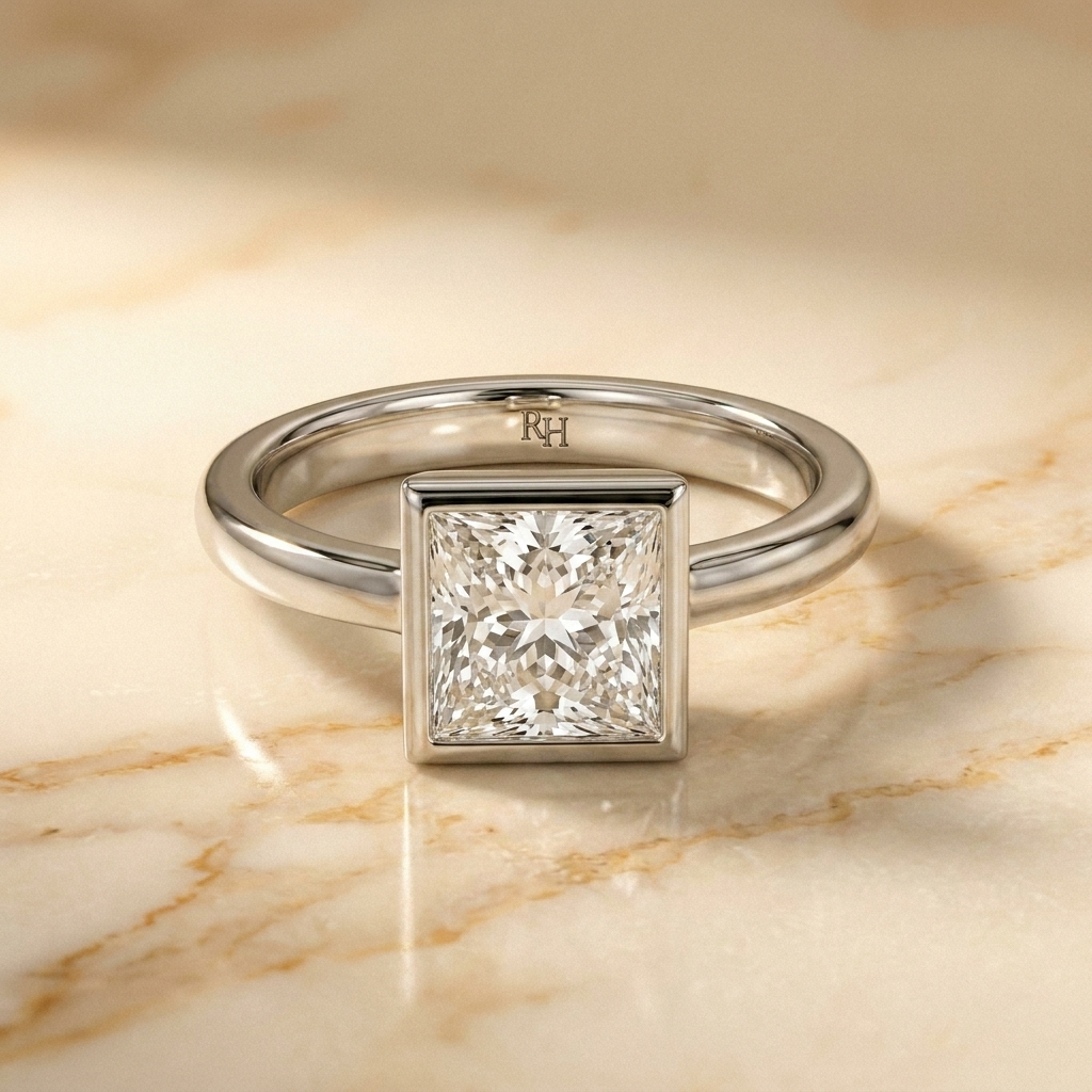 The Agnes Select bezel solitaire princess engagement ring in platinum — front view — RockHer