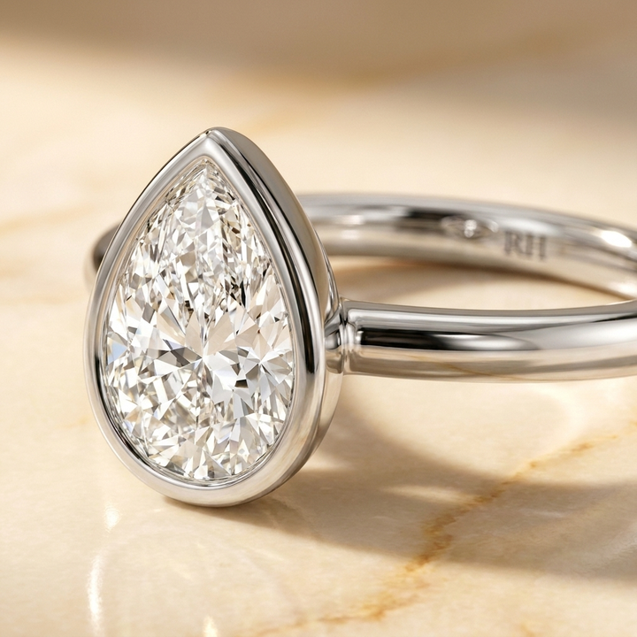 The Agnes Select bezel solitaire pear engagement ring in platinum — construction detail — RockHer