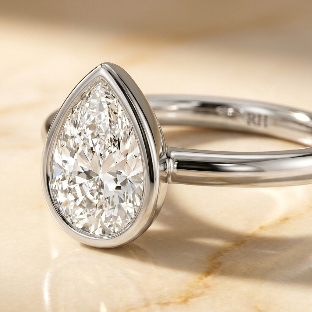 The Agnes Select bezel solitaire pear engagement ring in 18k white gold — construction detail — RockHer