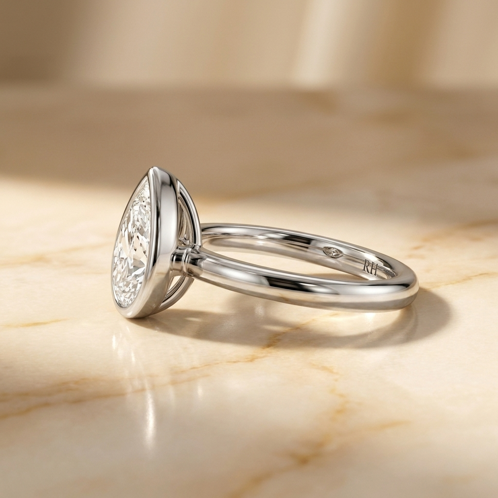 The Agnes Select bezel solitaire pear engagement ring in 18k white gold — side profile — RockHer